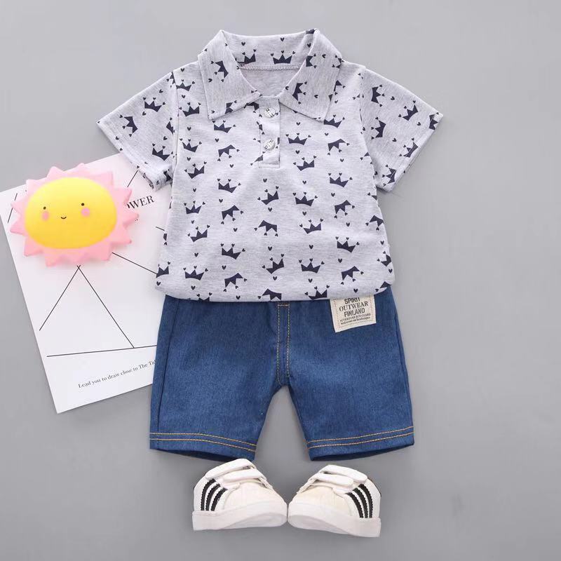 Babyonline(Y141)K6ชุดเซ็ตเสื้อคอปก+กางเกงลายมงกุฎ