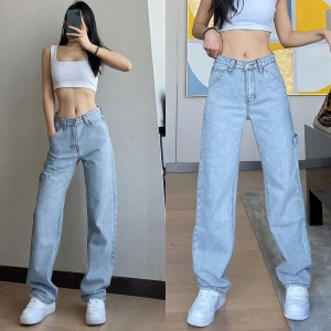 สินค้า 【S/M/L/XL】Girls jeanswaist jeans female straight old pants 2021 new Hong Kong taste ตาข่ายสีแดงกางเกงยีนส์เอวสูงหญิงกางเกงเก่าตรง ใหม่ฮ่องกงรสชาติผ้าม่านกว้างกางเกงขา