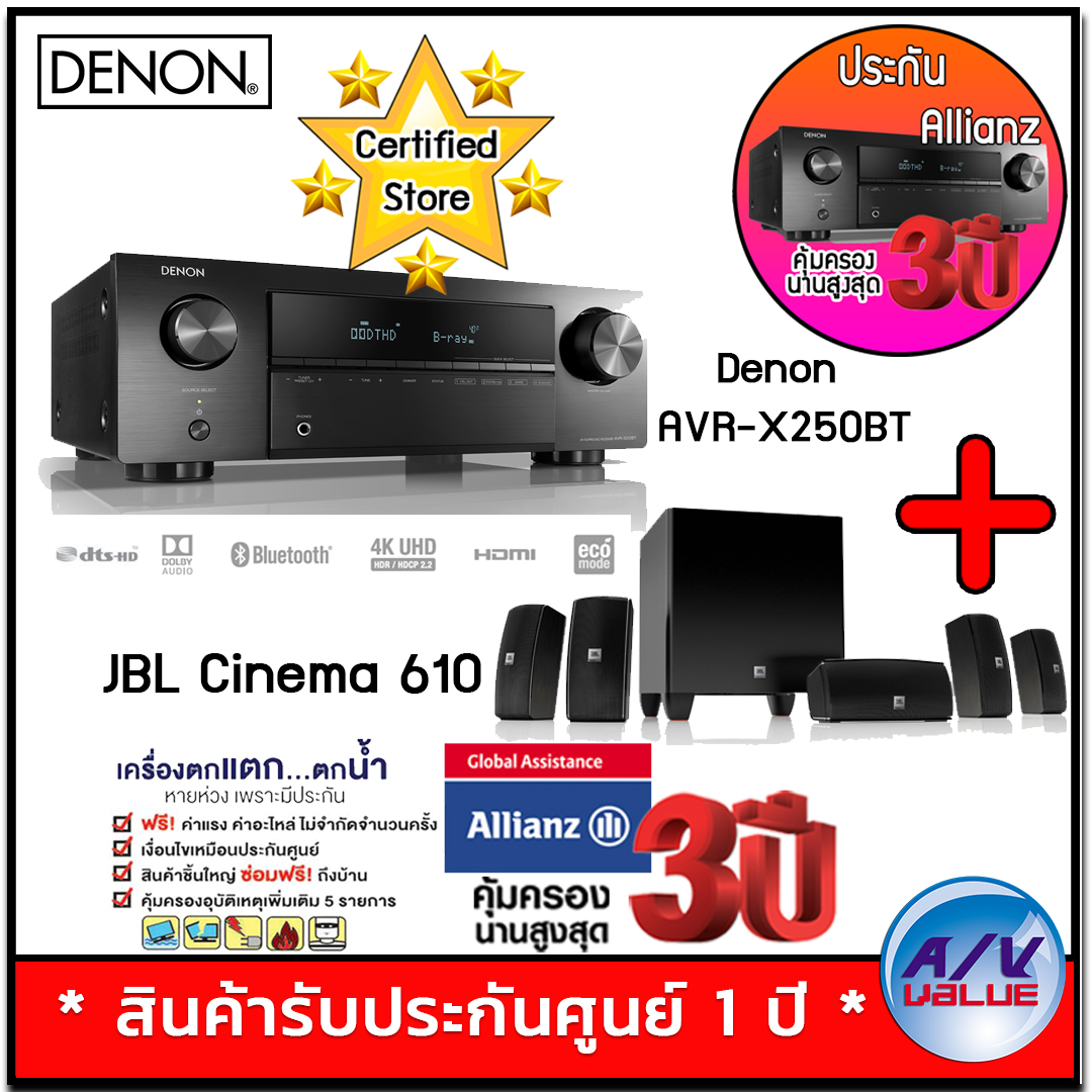 Denon AVR-X250BT 5.1 Ch. 4K Ultra HD AV Receiver with Bluetooth + JBL Cinema 610 ชุด ลำโพง + ประกันพิเศษจาก Allianz คุ้มครอง 3 ปี