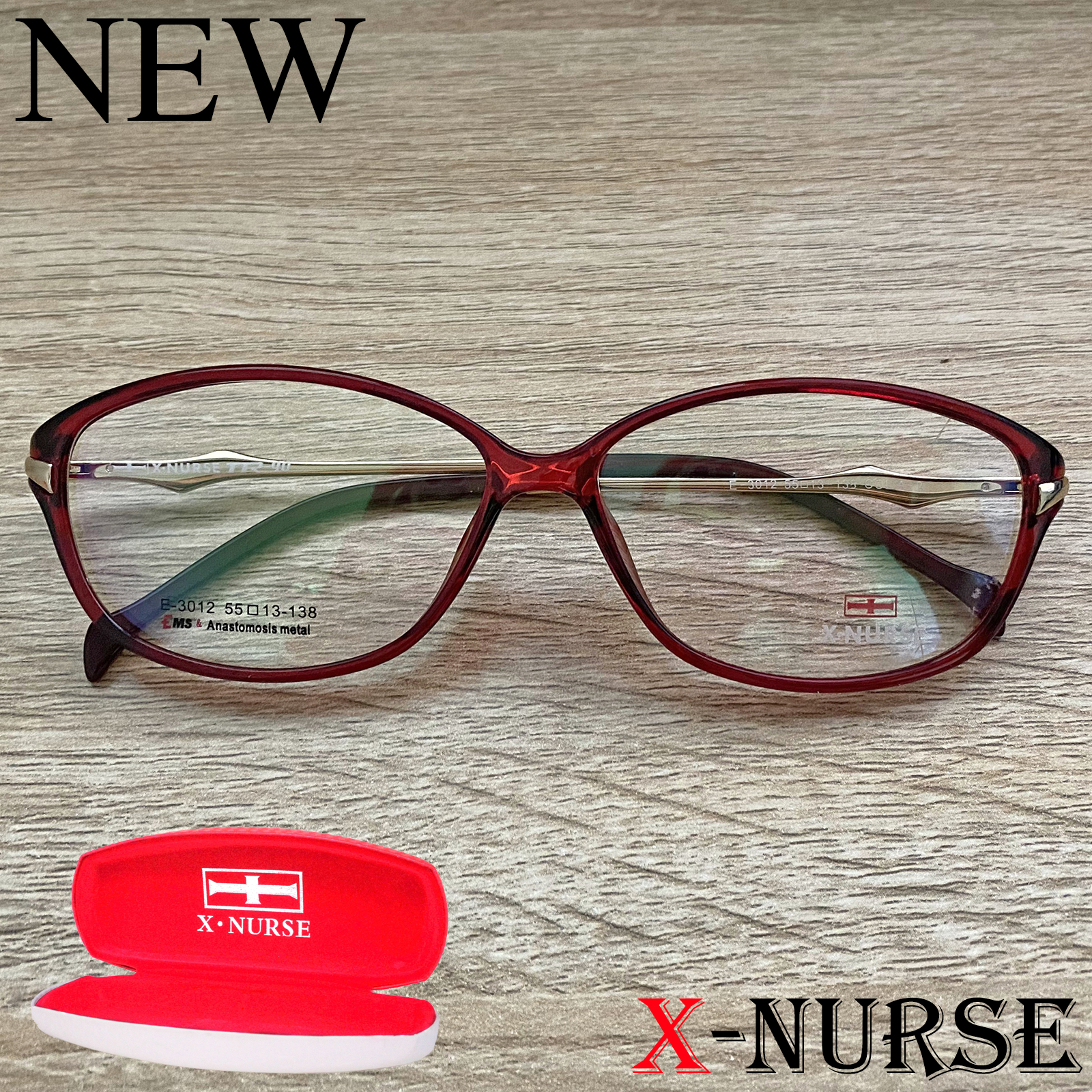 กรอบแว่นตา แว่นตาสำหรับตัดเลนส์ ผู้ชาย ผู้หญิง Fashion รุ่น X-NURSE 3012 สีแดง ทรงรี ขาสปริง วัสดุ พลาสติก พีซี เกรด เอ รับตัดเลนส์สายตาเลนส์กันแดดทุกชนิด