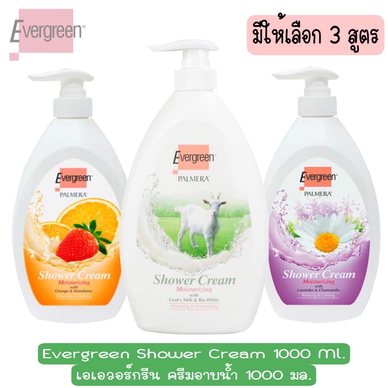 มีให้เลือก 3 สูตร Evergreen Shower Cream 1000 Ml.เอเอวอร์กรีน ครีมอาบน้ำ 1000 มล. ราคา 199 บาท*ส่งฟรี