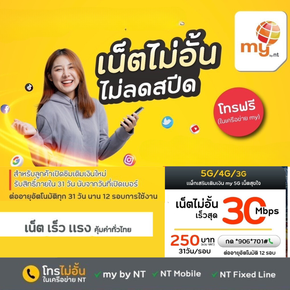 ซิมเทพ My By NT 30Mbps/20Mbps/15Mbps/4Mbps/2Mbps + โทรฟรีทุกเครือข่าย ต่ออายุอัตโนมัตินาน 12 เดือน ใช้สัญญาณร่วมกับ AIS ราคา 34 บาท*ส่งฟรี