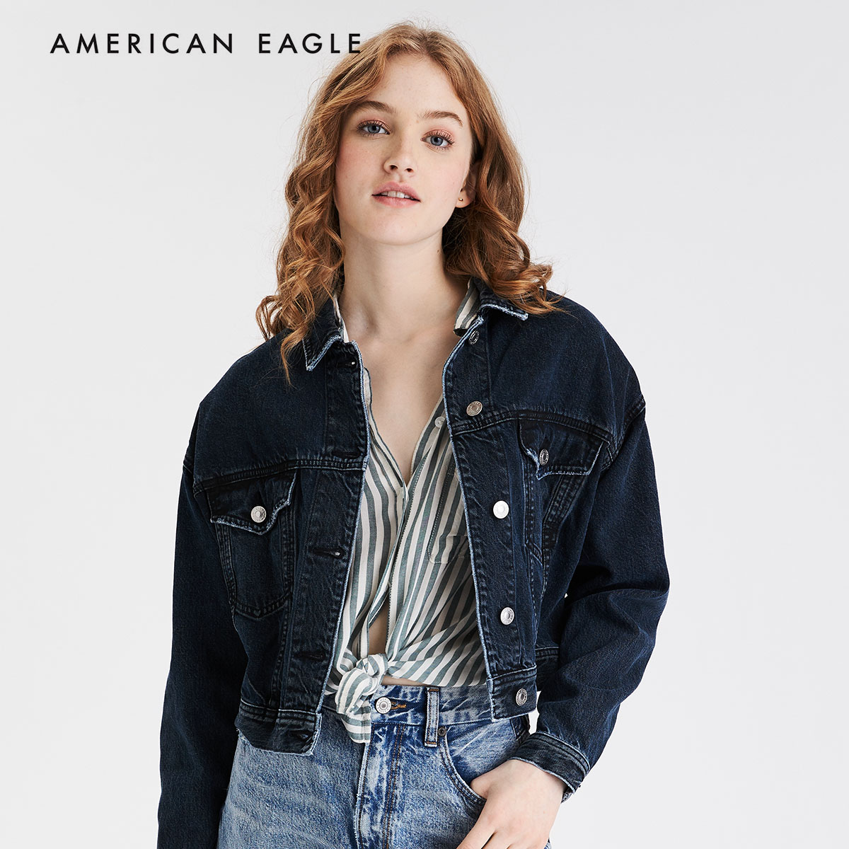 American Eagle Cropped Dark Wash Denim Jacket เสื้อ แจ็คเก็ต ยีนส์ ผู้หญิง ทรงครอป(038-2818-896)