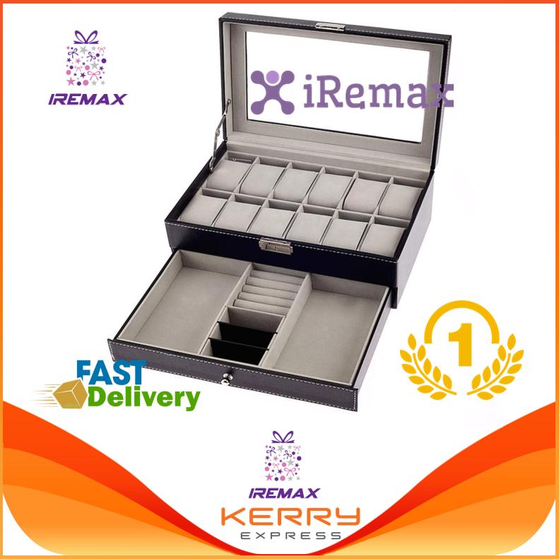 iRemax Leather Watch Box & Jewelry Box : กล่อง 2 ชั้น สำหรับนาฬิกา 12 เรือน และเครื่องประดับ (สีดำ) ราคา 1,999 บาท*ส่งฟรี