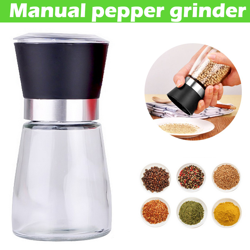 แก้วเกลือที่บดพริกไทยบดละเอียดภาชนะบรรจุเครืองปรุงอาหารตัวยึดเหยือกขวดบดสี: สีดำ Manual pepper grinder