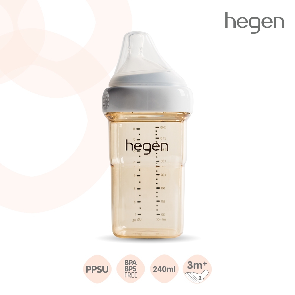 Hegen PCTO™ ขวดนม ขวดนมทรงเหลี่ยมPPSU ขวดนมสีชา ขวดนมPPSU ขนาด 8oz/240ml - จุกนมเสมือนนมแม่ เบอร์ 2 Medium Flow สำหรับ 3-6 เดือน - Feeding Bottle