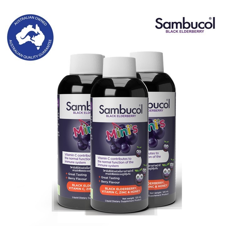 [แพ็คx3] Sambucol Black Elderberry Minis Liquid 120ml แซมบูคอล แบล็ค เอลเดอร์เบอรี่ มินิส์ ชนิดน้ำ (120 มล)