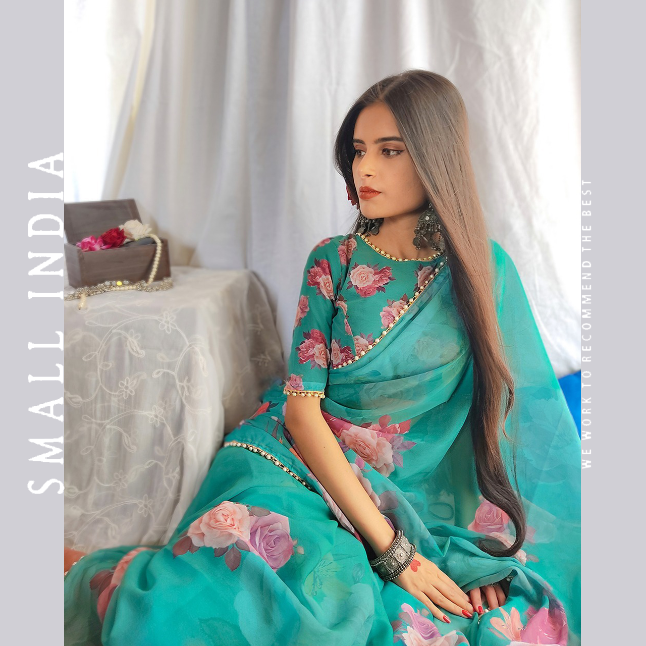 {**ส่งฟรี**} SMALL INDIA 🥻 Georgette Printed Saree ชุดสาหรี 🥻 Women Saree ราคา 3,130 บาท*ส่งฟรี