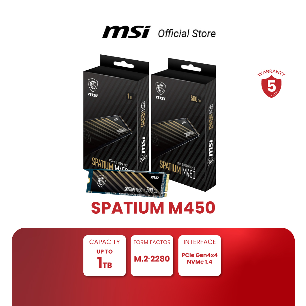 MSI SPATIUM M450 PCIe 4.0 NVMe M.2 | 500GB | 1TB | PCIe Gen4x4, NVMe 1.4 | M.2 2280 SSD STORAGE [Pre-Order จัดส่งภายใน7-15วัน] ราคา 1,840 บาท*ส่งฟรี