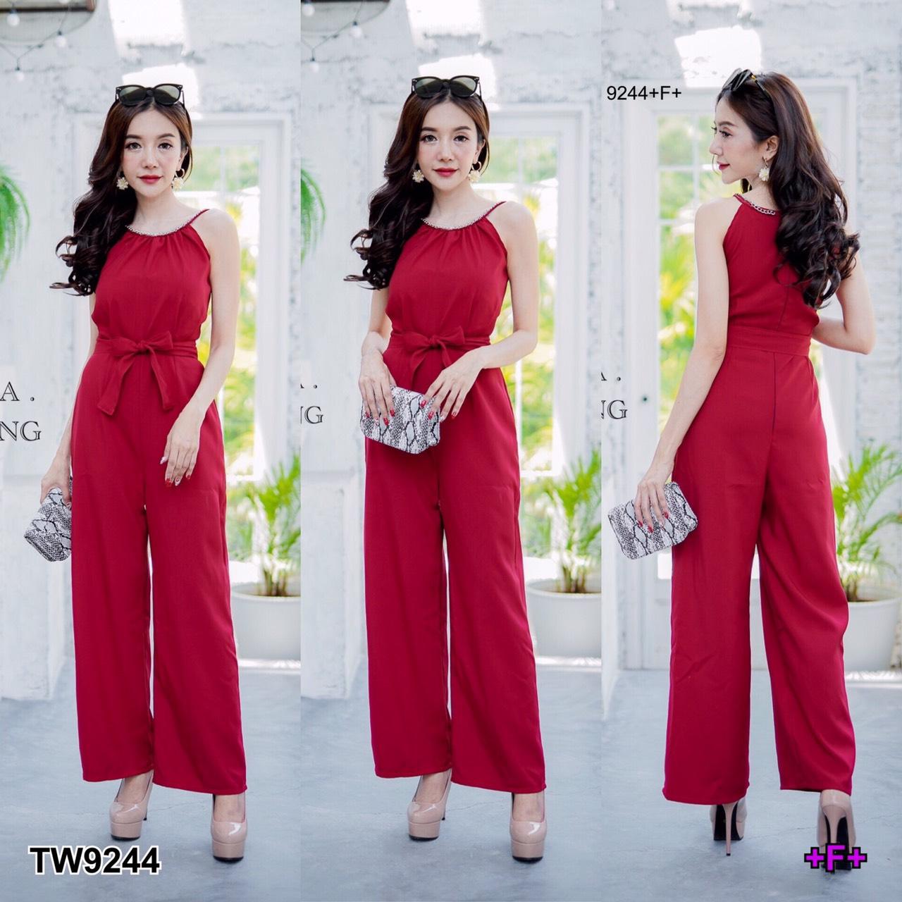 GN9244 **รบกวนสอบถามstockก่อนสั่งซื้อจ้า** Jumpsuit จั๊มสูทขายาว สายเดียวคล้องคอ เนื้อผ้าซาร่า ดีเทลช่วงคอติดโซ่เงินรอบคอ