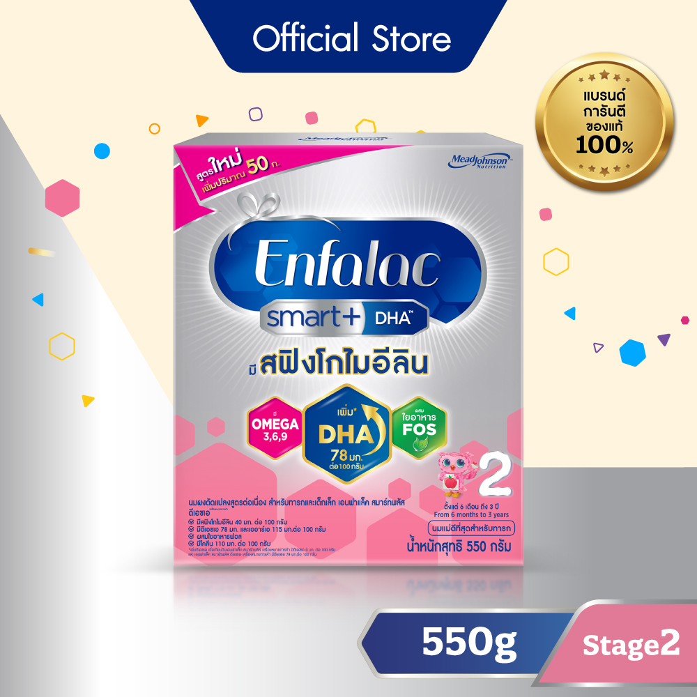 นมผง เอนฟาแล็ค สมาร์ทพลัส ดีเอชเอ สูตร2 (550 กรัม) Enfalac Smart+ DHA Stage2 (550 g) *แพ็คเกจอยู่ระหว่างการเปลี่ยนแปลง