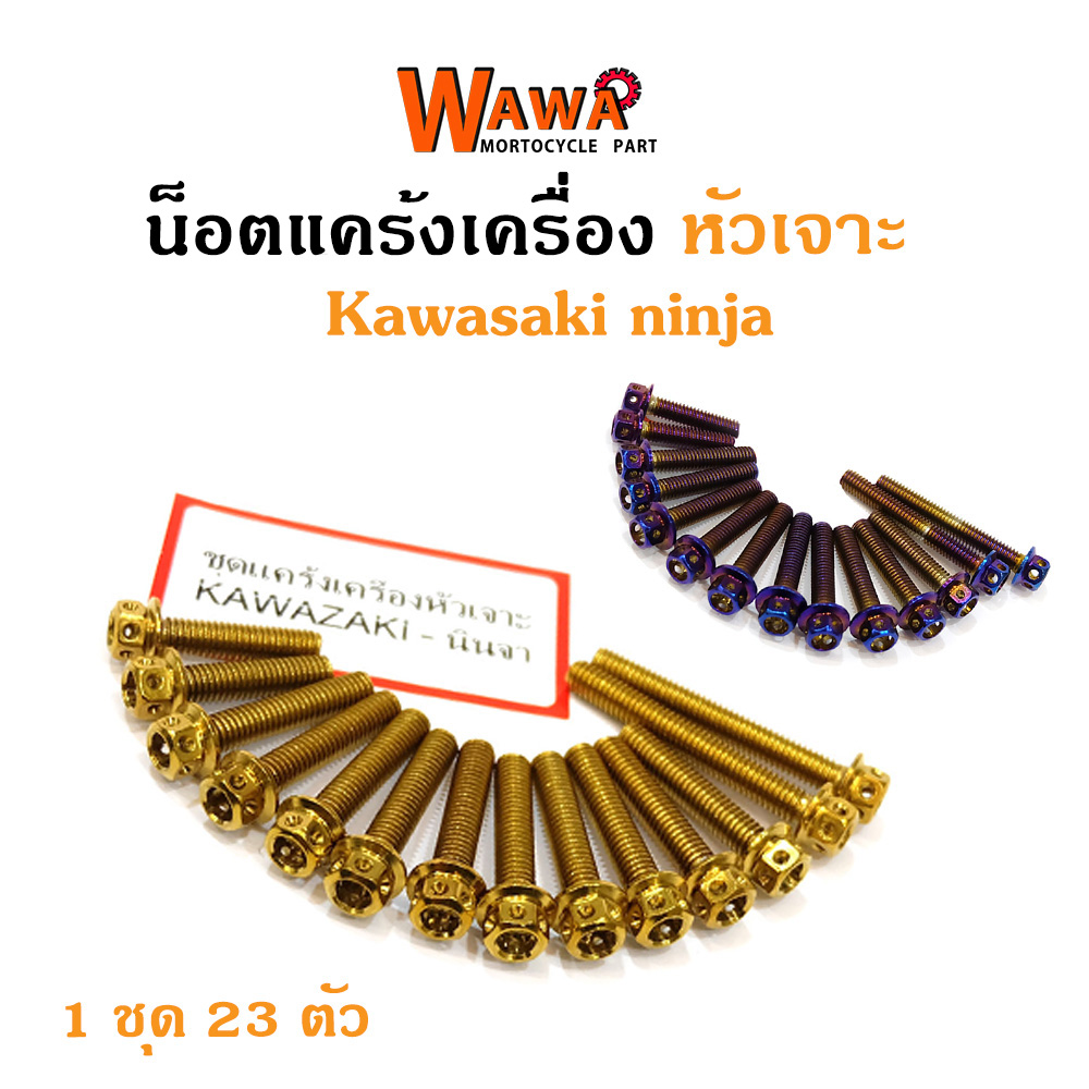 น็อตแคร้งเครื่อง KAWAZAKI นินจา น็อตทอง,น็อตสีไทเท หัวเจาะ//อุปกรณ์แต่งรถ