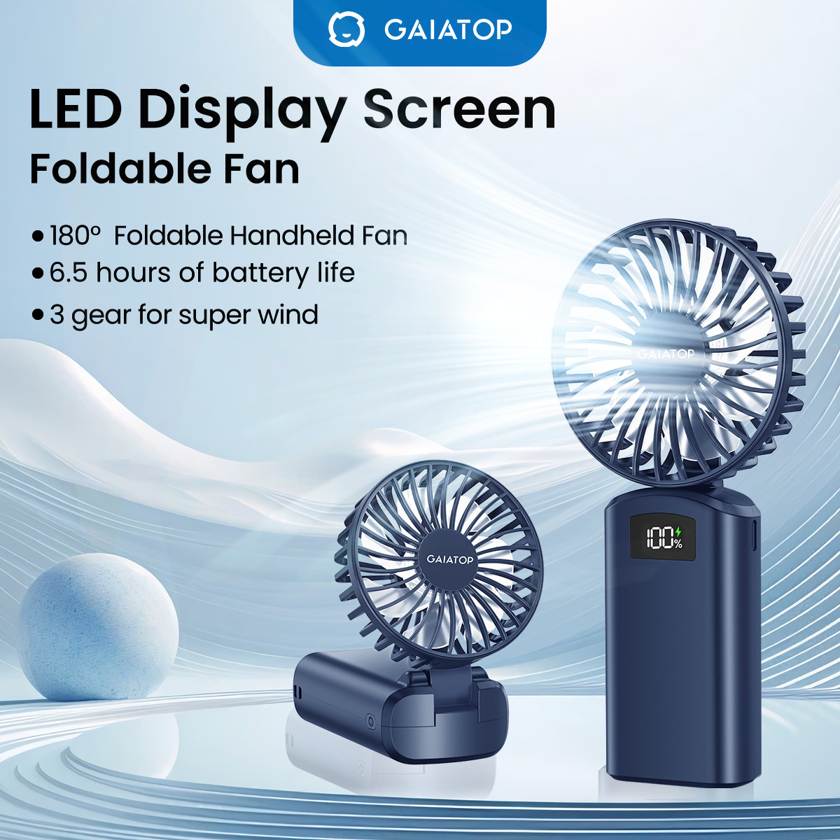 Gaiatop portable hand fan, 180 ° folding desktop hand fan personalized 3 speed hand fan, powerful rechargeable small fan 2000mAh with digital display, USB personal fan for outdoor makeup office ราคา 259 บาท*ส่งฟรี