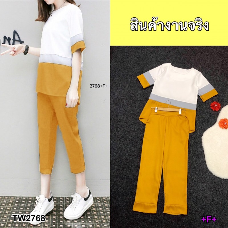 GN2768   **รบกวนสอบถามก่อนสั่งซื้อจ้า**  เซท 2 ชิ้นเสื้อคอกลม แขนศอก ตัดต่อผ้าโฟร์เวย์3 สี