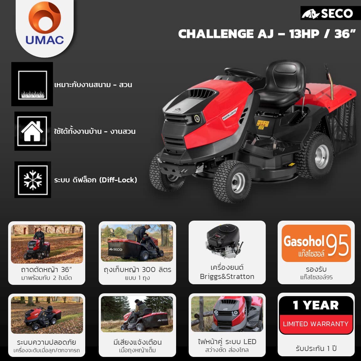 Seco Ride-On Lawn Mower, Challenge Model, 36-Inch Cutting Blade, 13 Hp (Briggs & Stratton Engine) # Hydro Gear Transmission System # Grass Collection Bag Capacity: 300 Liters (1 Year Warranty) ราคา 159,000 บาท*ส่งฟรี