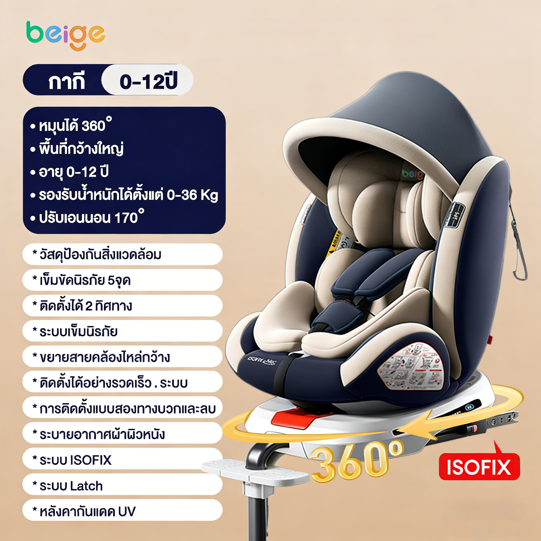 Beige คาร์ซีท คาร์ซีทเด็กโต อายุ 0-12 ปี คาร์ซีทเด็กแรกเกิด camera คาซีสเด็กในรถ sofix+lacth หมุนอิสระ 360°