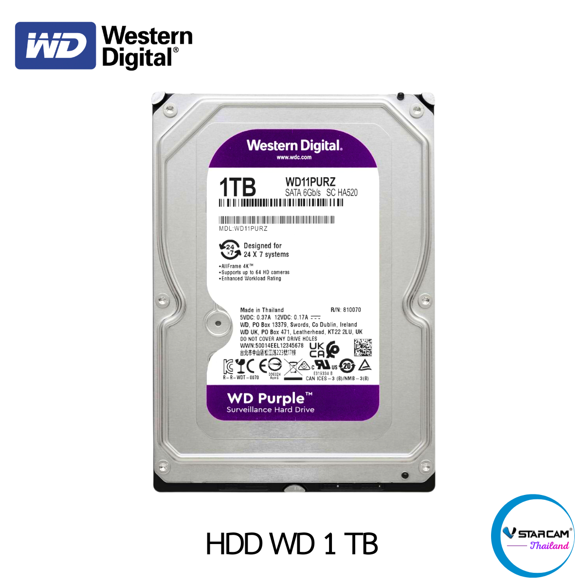 WD Purple 1TB 3.5" Harddisk for CCTV - WD10PURZ ( สีม่วง ) By.Vstarcam-Shop ราคา 1,990 บาท*ส่งฟรี
