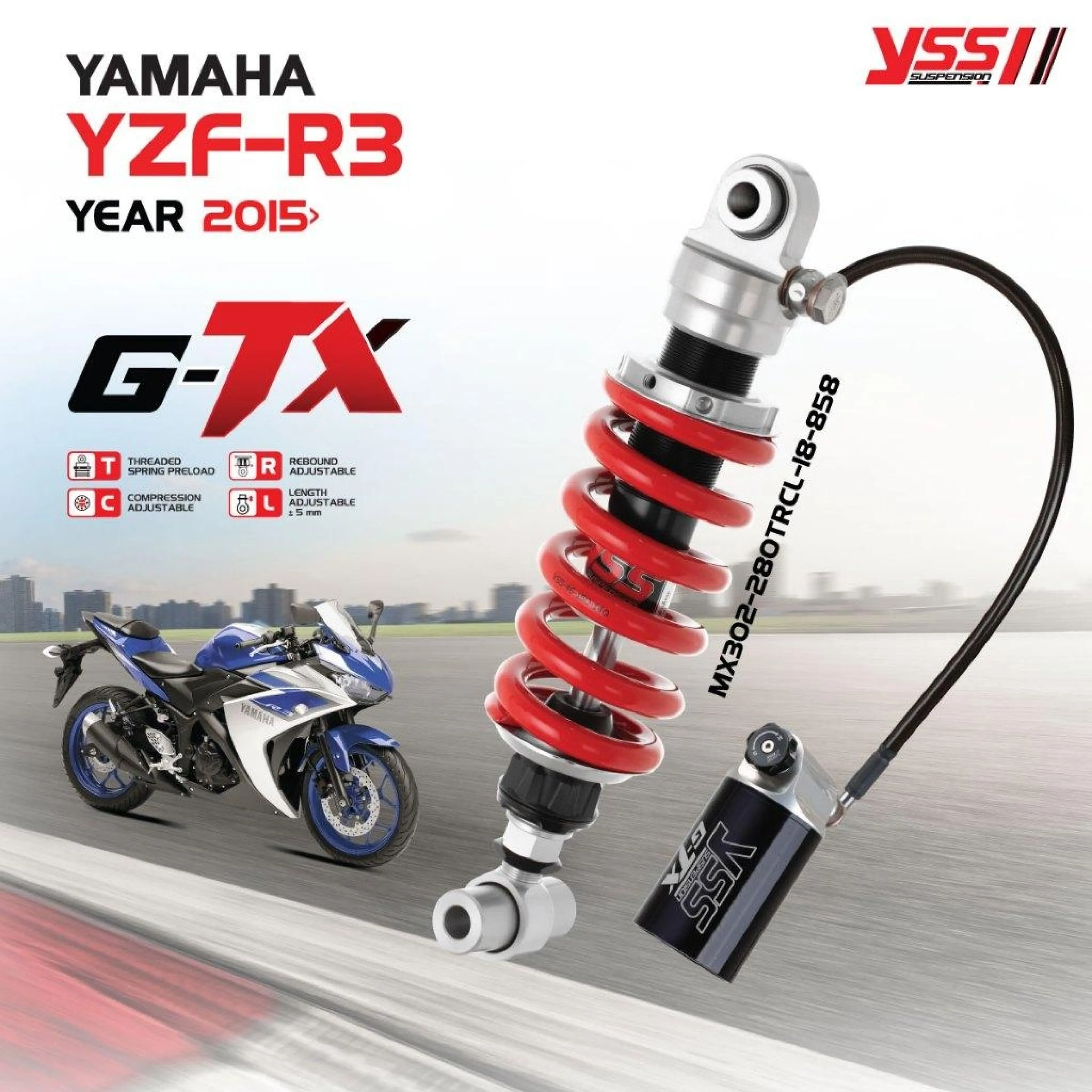โช๊ค YSS แท้  G-TX ใหม่ รุ่น YAMAHA YZF R25 ปี 2014 ขึ้นไป / YZF R3 ปี 2015 ขึ้นไป / MT-03 ปี 2016 ขึ้นไป โช๊คหลัง โช้ค