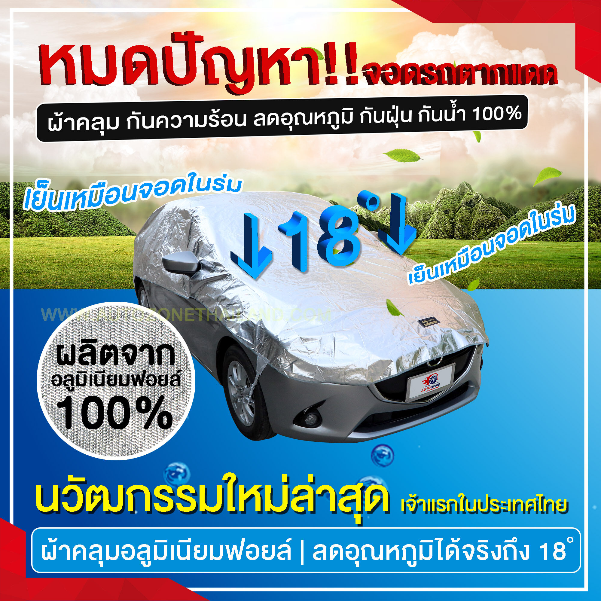 ผ้าคลุมรถอัจฉริยะ ผลิตจากอลูมิเนียมฟอยล์ 100% ลดอุณหภูมิได้จริงถึง 18 องศา | กันน้ำ | กันฝุ่น 100%