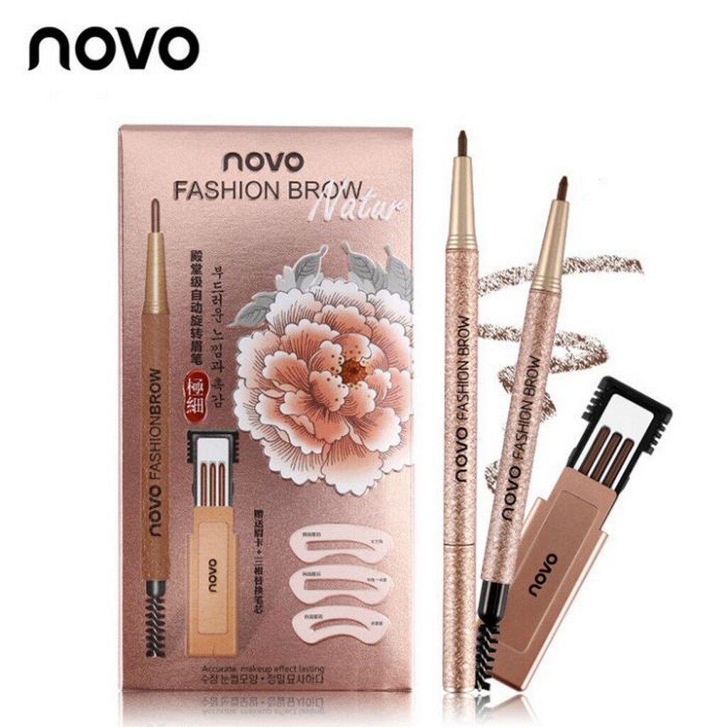 No.5146 NOVO FASHION BROW Eyebrow โนโว ดินสอเขียนคิ้ว แบบหมุน แถมไส้ดินสอ + บล๊อกคิ้ว 3 ชิ้น พร้อมไส้ดินสอเปลี่ยน3แท่ง