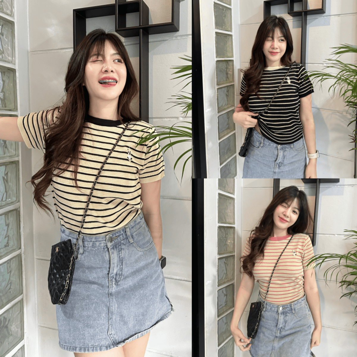 🌈SpinnyHouse🌈เสื้อยืดแขนสั้น ผ้าไหมพรมทอลายสลับสี ผ้ายืดเยอะน้า 🌺 รุ่น บีควิก B-027-1-A ราคา 167 บาท*ส่งฟรี