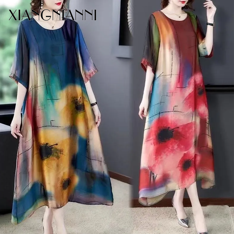 XIANG NIAN NI Women's Dress Floral Crew Neck Large Size Skirts Women's skirts Dresses Thai Fabric Dress Women's dress 2025 ราคา 103 บาท*ส่งฟรี