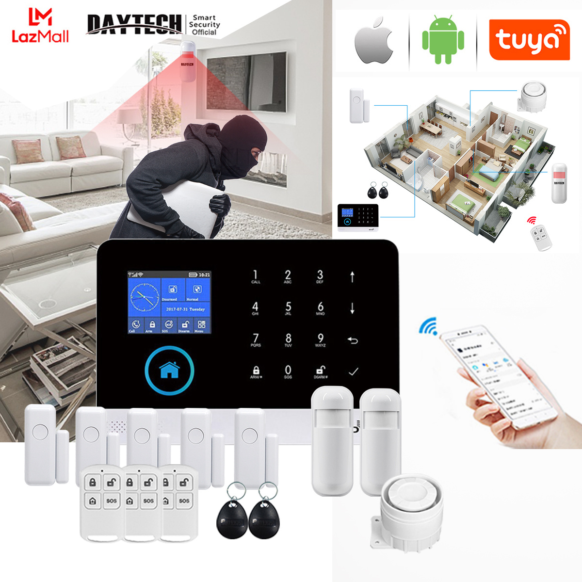 DAYTECH WIFI+GSM smart home burglar alarm system TUYA security alarm supports ALeax Googlehome connected TA01 ราคา 2,837 บาท*ส่งฟรี