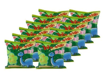 ไดโนพาร์ค ขนม ไดโนเสาร์ ขนมซองสีเขียว ขนาด 5 บาท แพ็ค 12 ซอง ราคา 54 บาท*ส่งฟรี