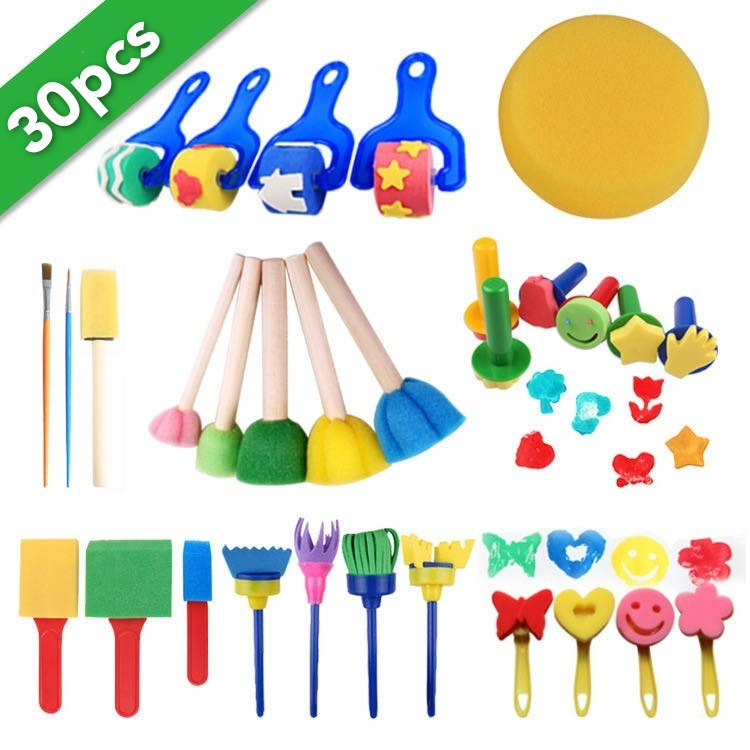 ชุดแปรงฟองน้ำสำหรับเด็ก 30 ชิ้น เครื่องมือวาดภาพ DIY สำหรับเด็กของเล่นระบายสีเพื่อการศึกษา แปรงทาสีโปสเตอร์ Poster Paint