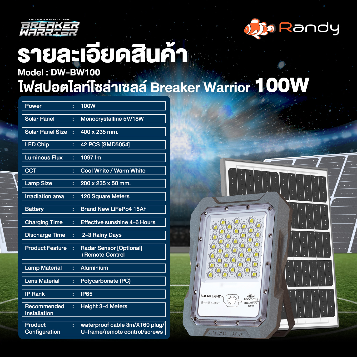 ไฟสปอร์ตไลท์ SolarCell RANDY รุ่น DW-BW100 100W