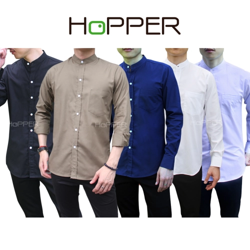 เสื้อเชิ้ตแขนยาวคอจีน ผ้า Oxford by Hopper Shop  เสื้อเชิ้ตสีขาว ดำ กรม เทา ฟ้า
