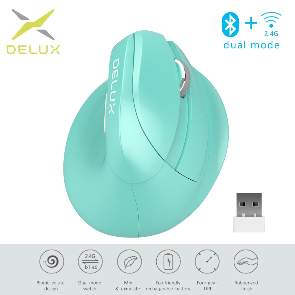 Delux M618 Mini Bluetooth 4.0 + 2.4GHz Wireless Vertical Mouse 4 Gear DPI RGB Ergonomic Rechargeable Silent click Mice DELUX M618 Mini บลูทูธขนาดเล็ก 4.0 + 2.4 GHz โหมดไร้สายแบบคู่เมาส์ 2400 DPI ERGONOMIC เงียบแบบชาร์จไฟได้คลิกเมาส์แนวตั้งสำหรับPC 5colors