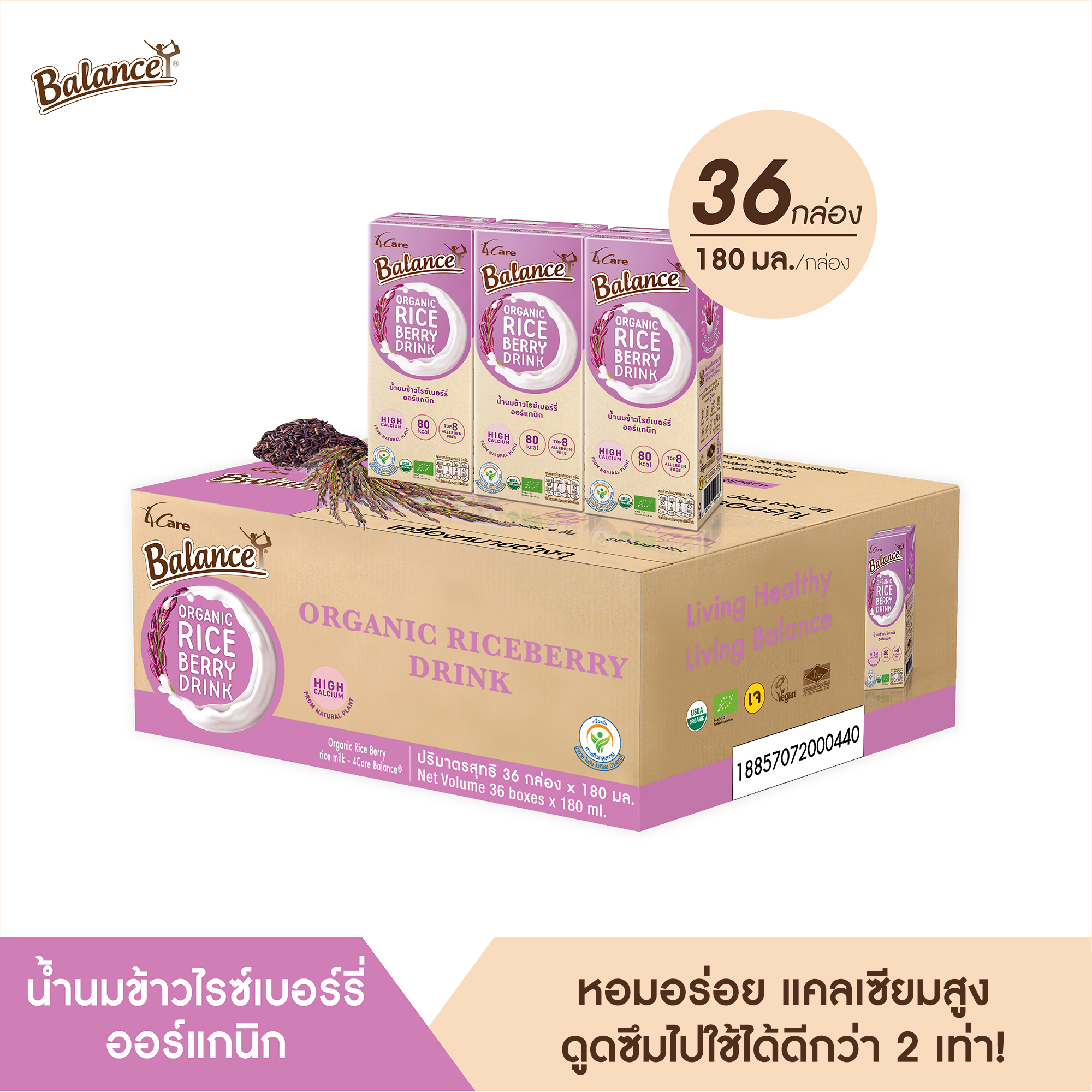 BALANCE น้ำนมข้าวไรซ์เบอร์รี่ออร์แกนิก (180ml X 36กล่อง) อร่อยดื่มง่าย แคลเซียมสูงจากสาหร่ายธรรมชาติ ไม่มีสารก่อภูมิแพ้ เจทานได้ ไม่มีนมวัว ราคา 661 บาท*ส่งฟรี