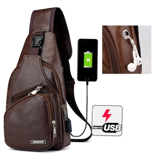 กระเป๋าสะพายหนังเย็นสบาย ๆ แฟชั่นผู้ชายกระเป๋า Messenger USB ชาร์จหลุมหูฟังภายนอกมัลติฟังก์ชั่ความจุขนาดใหญ่กระเป๋าหน้าอกป่า