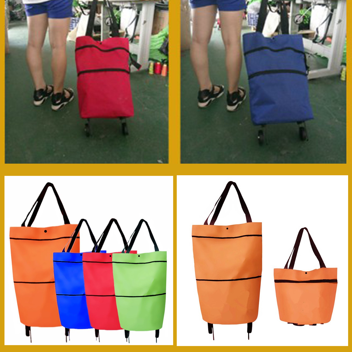 กระเป๋าผ้าล้อลาก ล้อสามารถพับเก็บได้ ร่นให้สั้นเป็นกระเป๋าสะพายข้างได้ มี 4 สี