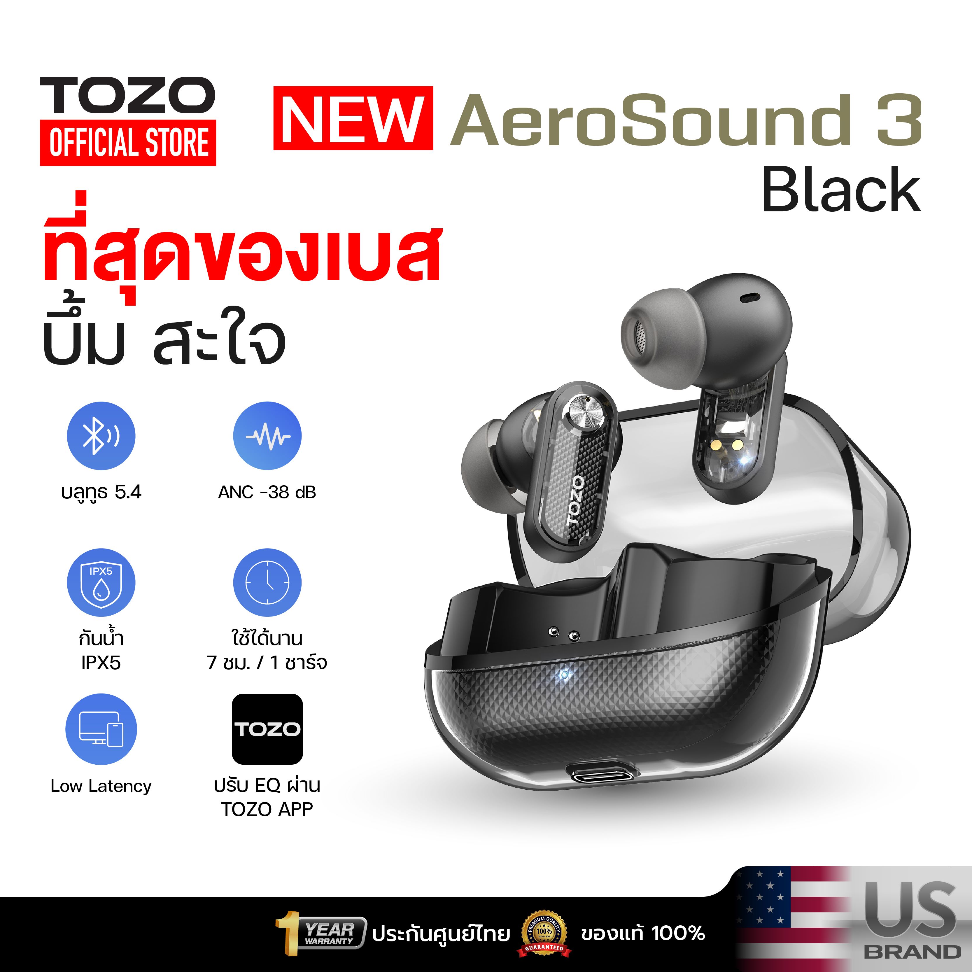 [ประกันศูนย์ไทย] TOZO AeroSound 3 หูฟังบลูทูธ หูฟังไร้สาย หูฟังอินเอีย เบสหนัก Bluetooth 5.4 แบต 7 ชม/ชาร์จ IPX5 Game Mode ราคา 890 บาท*ส่งฟรี