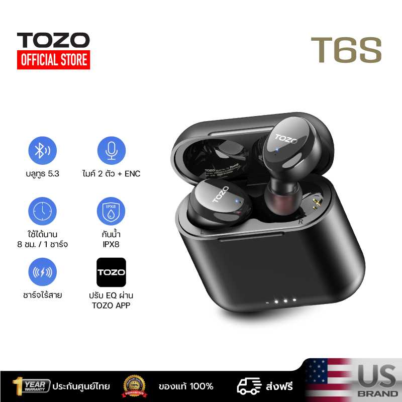 [ส่งฟรี ประกันศูนย์ไทย] TOZO T6S หูฟังบลูทูธ หูฟังบรูทูธ In-Ear IPX8 Bluetooth 5.3 ราคา 959 บาท*ส่งฟรี
