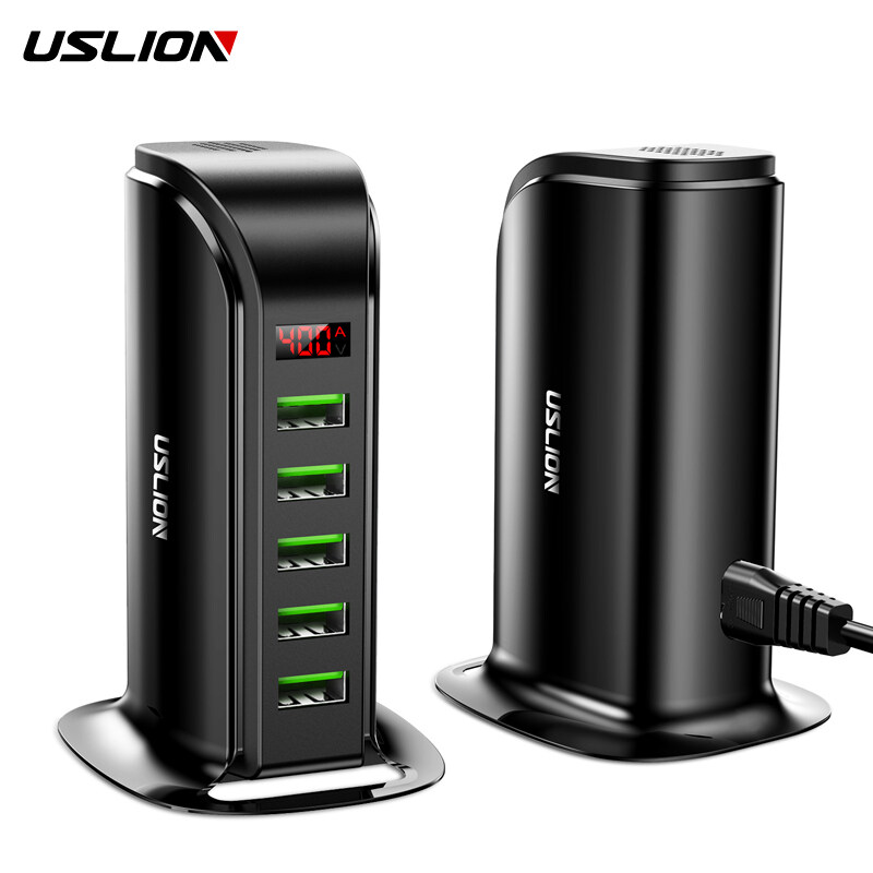 USLION อแดปเตอร์ ชาร์จเร็ว 5 Port USB Charger HUB LED Display Multi USB Charging Station Dock Universal Mobile Phone Desktop Wall Home US Plug