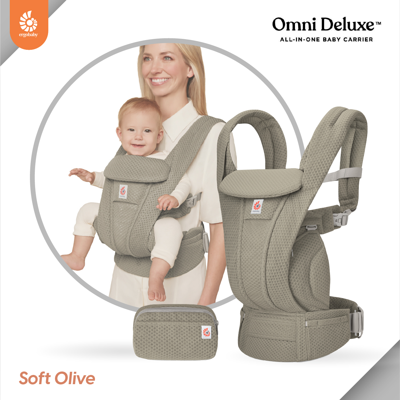Ergobaby เป้อุ้มเด็ก รุ่น Omni Deluxe Mesh - Soft Olive สำหรับ 0-48 เดือน รุ่นใหม่ล่าสุด รองรับแรกเกิดโดยไม่ต้องเสริมเบาะ ปรับได้ 4 ท่า ระบายอากาศดี ซัพพอร์ตหลังและสะโพก ใส่สบายทั้งวัน