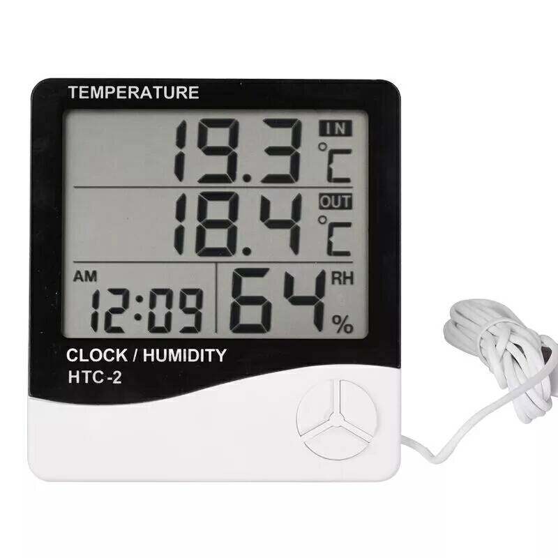 เครื่องวัดอุณหภูมิความชื้น HTC-2 thermometer 5IN1เทอร์โมมิเตอร์แบบมีสาย มีนาฬิกาในตัว ตั้งปลุกเวลาได้