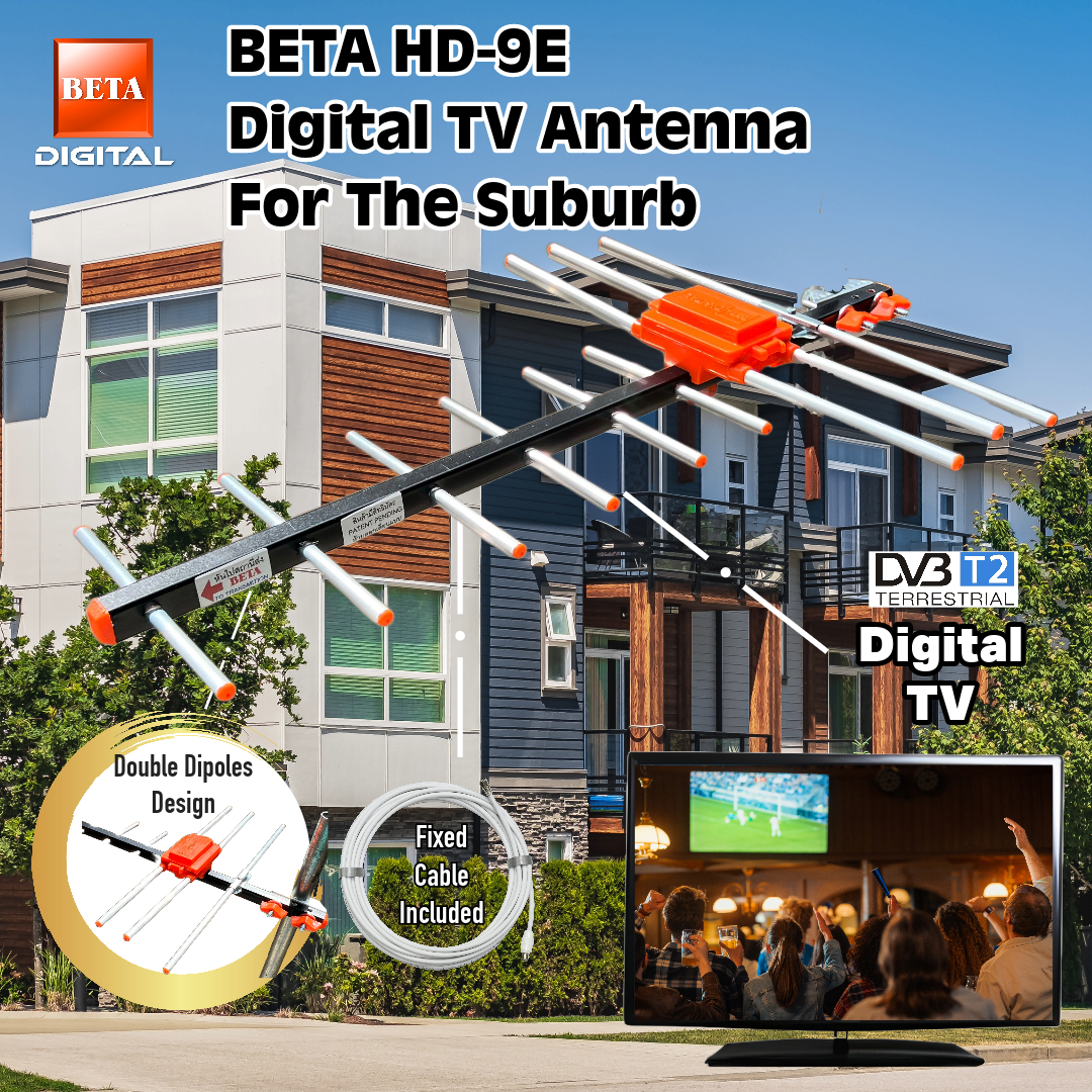 เสาอากาศทีวีดิจิตอล ใช้ดูโอลิมปิก BETA Digital UHF รุ่น HD-9E พร้อมสาย RG-6/u 15 เมตร + ชุดอุปกรณ์ติดตั้งเสาอากาศดิจิตอลทีวีทรงตัว L ขนาด 83 ซม.(สีเงิน) ราคา 740 บาท*ส่งฟรี