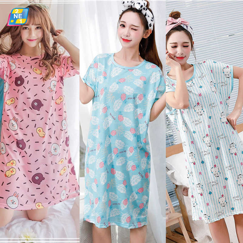 2NE1ชุดนอนกระโปรงผ้าคอตตอนของผู้หญิง,เดรสเกาหลีทำจากผ้าMilk Silkลายการ์ตูนแขนสั้นสำหรับใส่อยู่บ้าน
