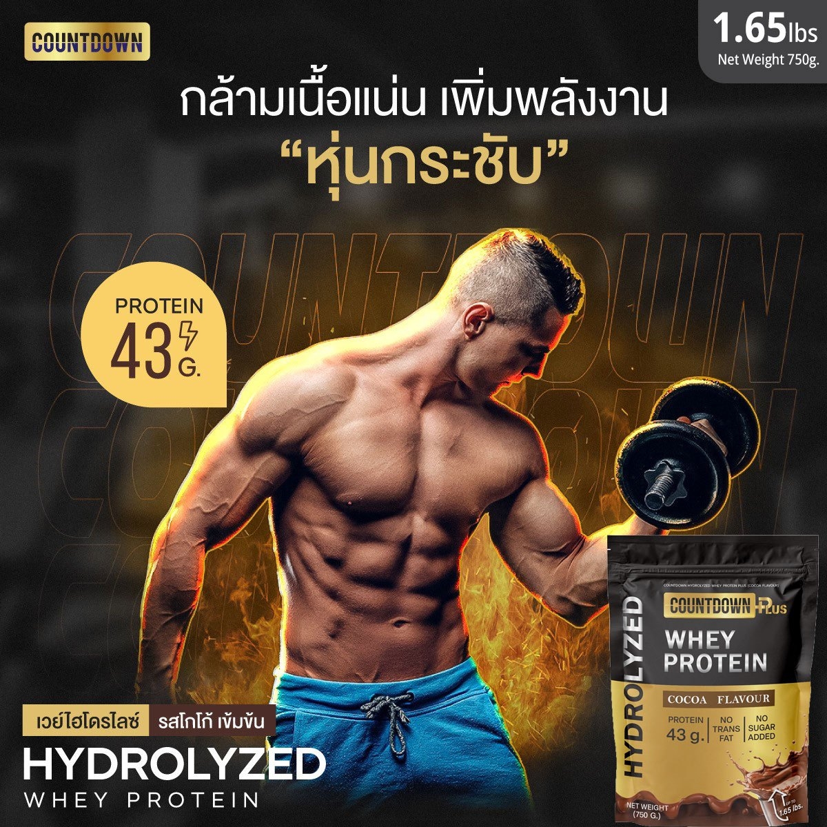 👊COUNTDOWN Whey Hydrolyzed protein cocoa flavor | protein 43 G. | allergic resistive cow milk whey protein Lee/fat add muscle | can 1.5 pounds ราคา 999 บาท*ส่งฟรี