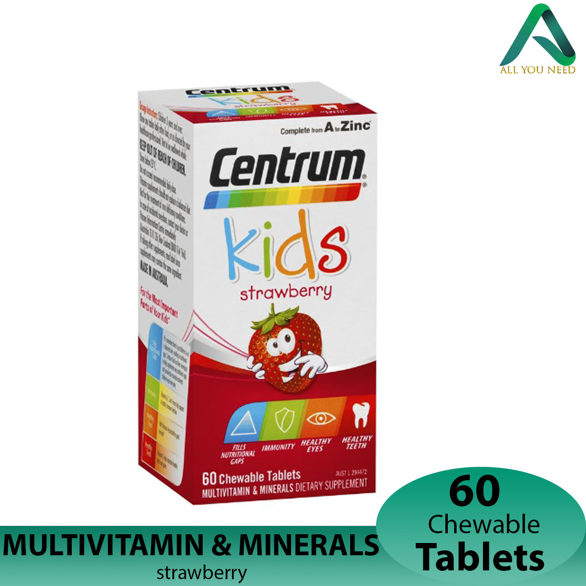 exp:08.2022 Centrum Kids Multi Vitamin 60 Strawberry Tablets วิตามินรวมสำหรับเด็กรสสตอเบอรี่ เลขทะเบียน AUST L 320154 / exp: 10.2021