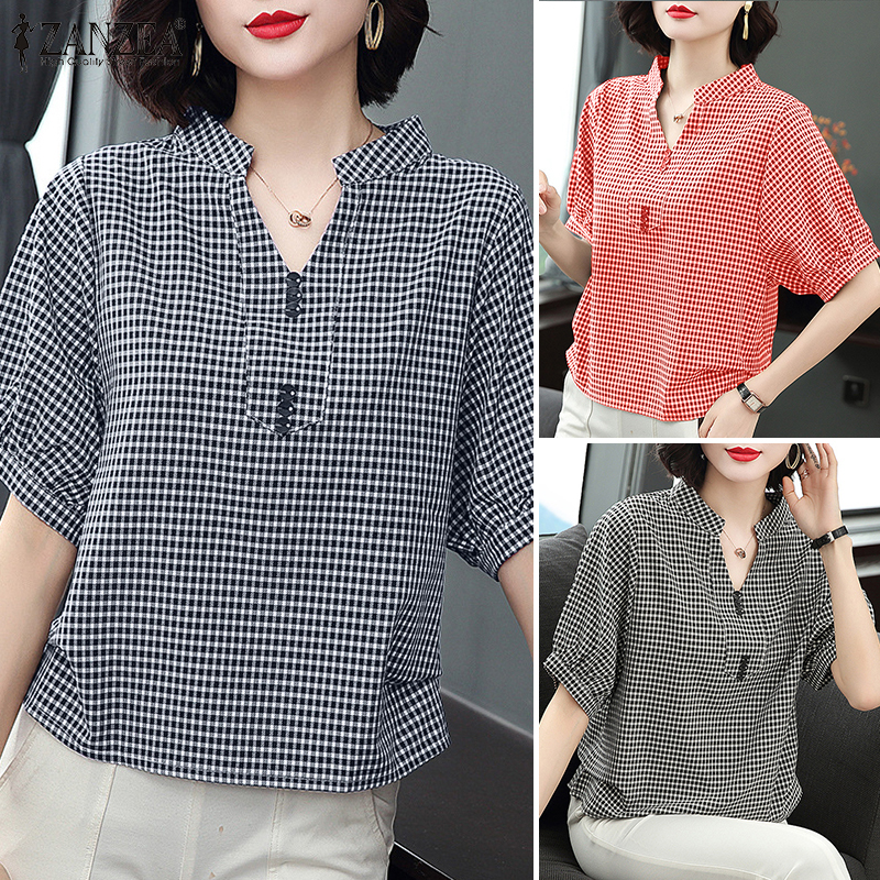 Esolo Zanzea Women's V-Neck Short Sleeve Checkered Pattern Retro T-Shirt # 11 ราคา 276 บาท*ส่งฟรี