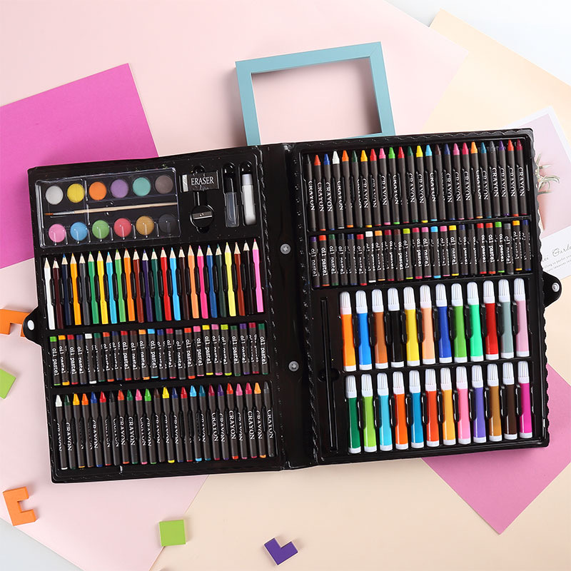 Deluxe Drawing 168 ชิ้นกรณีพลาสติกภาพวาดดินสอสีน้ำมันสีพาสเทลแปรงเครื่องมือชุดเครื่องเขียนโรงเรียนศิลปะสำหรับเด็ก