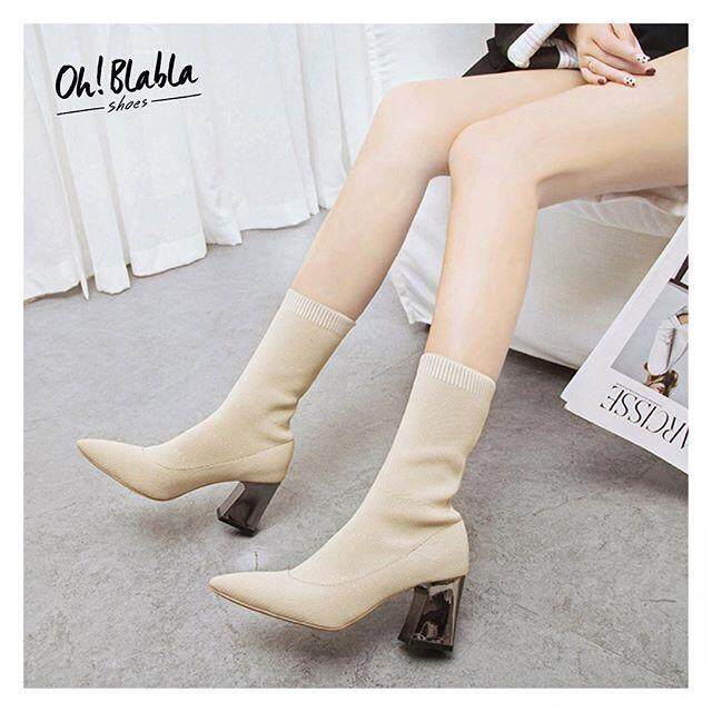 OhblablaShoes - รองเท้าบูท ข้อยาว ทรง Sock Boots สี Beige