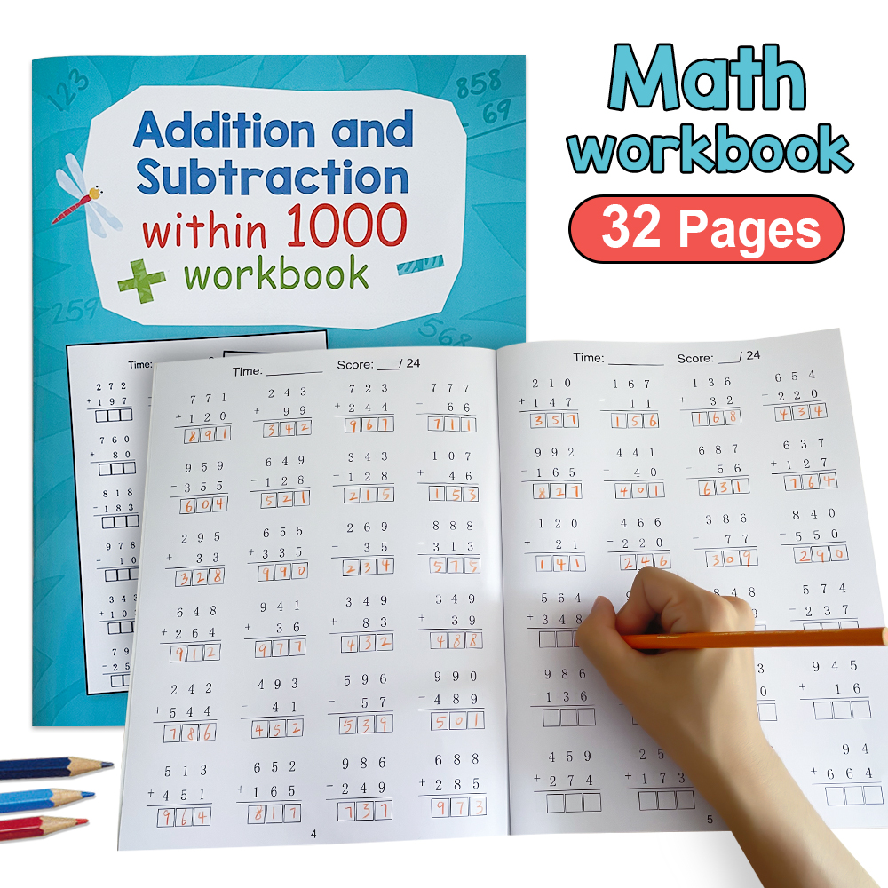 32 Pages Math Workbook for Practicing Math Skills - Triople Digit Addition and Subtraction within 1000 Activity Worksheets for Grades 1-3 Counting & Numeration Mathematics Arithmetical Exercise Books Reinforcing Calculation Techniques