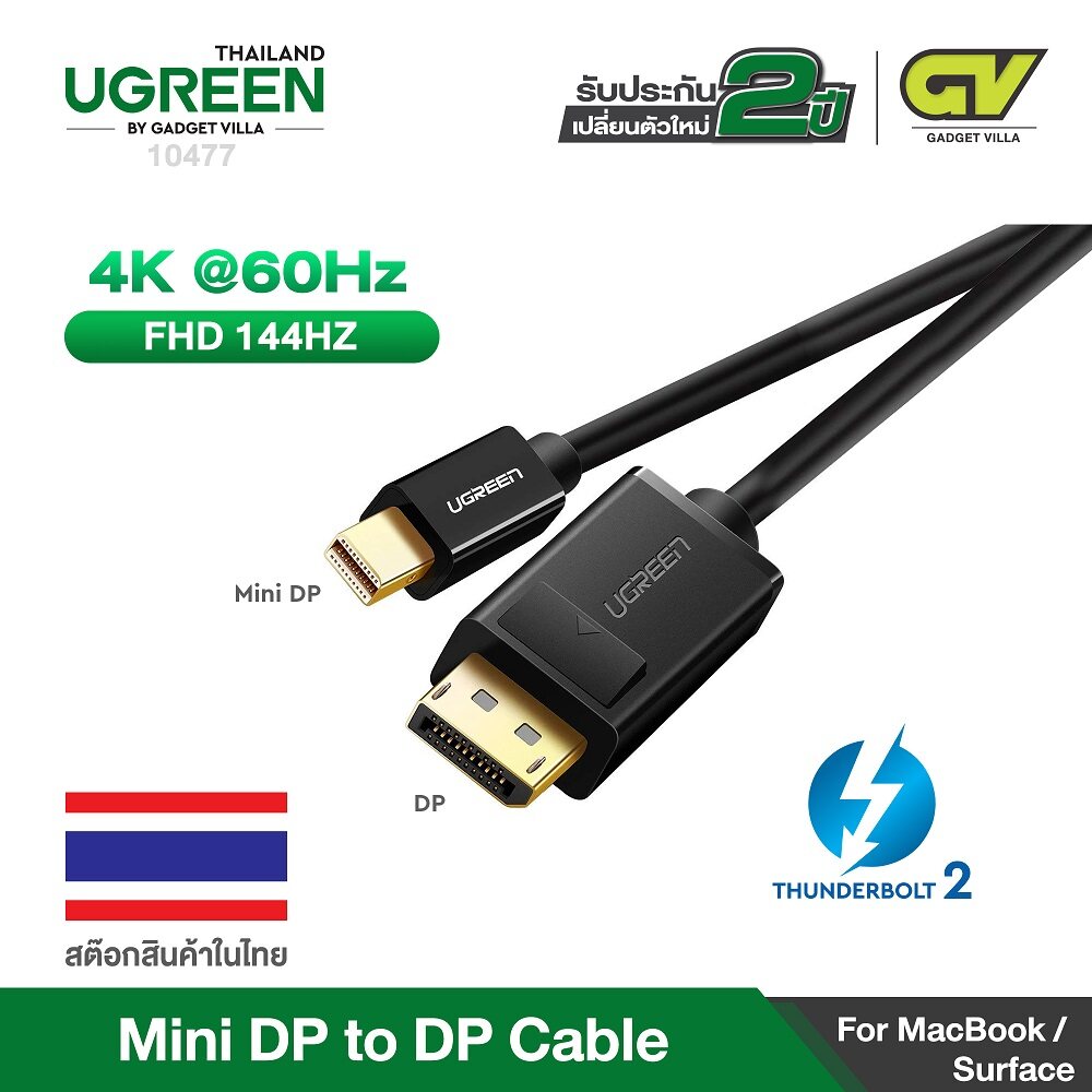 UGREEN Mini DP to DP Cable Mini Displayport Thunderbolt to Displayport Male to male Audio Video Adapter Cable 4Kx2K Resolution Compatible รุ่น 10476 (สีขาว) / รุ่น 10477 (สีดำ) for MacBook, Ultrabook, or Tablet 1.5M (สีขาว)