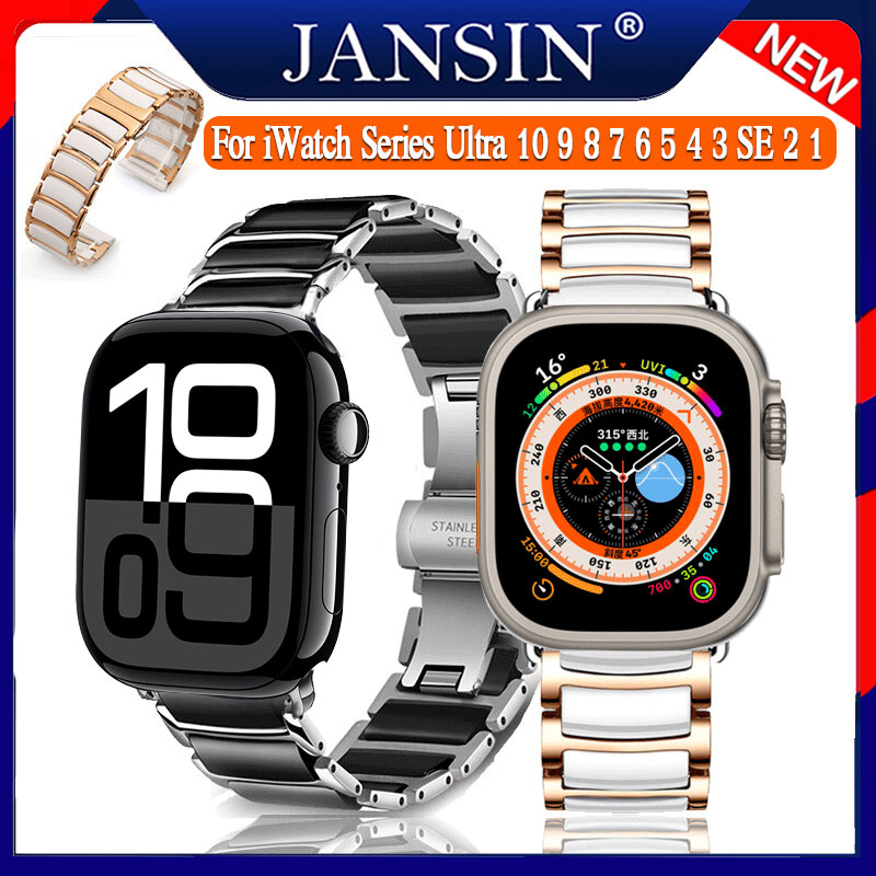 Ceramic สาย สำหรับ apple watch 10 Ultra 2 1 นาฬิกา 49mm 46mm 42mm สายนาฬิกา ซีรีส์ Ultra 10 9 8 7 6 5 4 3 SE 2 1 45mm 41mm 44mm 40mm 38mm luxury สายนาฬิกาสำรอง สายรัดสแตนเลสของ ราคา 562 บาท*ส่งฟรี